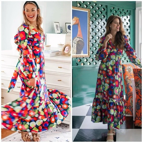 New Emily McCarthy Polka Dots Ruffle Maxi Long Sleeve Dress Floral Tiered 2XS - Picture 3 of 12